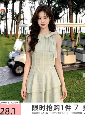 三福女装连衣裙2026夏季新款不规则下摆蝴蝶结绑带领口裙子女装