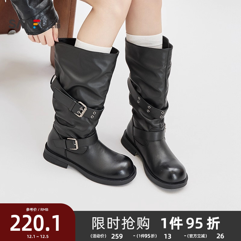 三福女靴鞋冬季游牧暖绒褶皱绕带拼接圆头长筒靴子女鞋850524