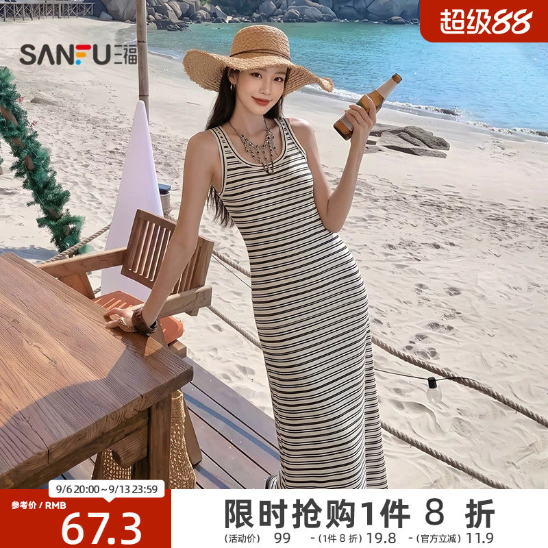 三福连衣裙2026新款夏季宽肩带背心裙休闲收腰无袖裙子女装514419图片