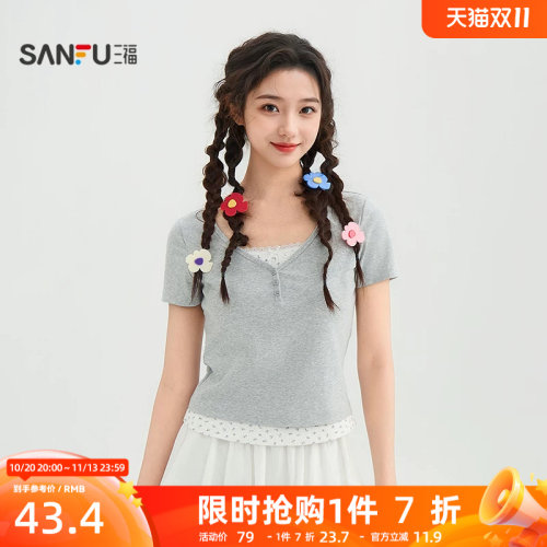 三福短T恤2026夏季蕾丝蝴蝶结领口假两件下摆上衣女装522023