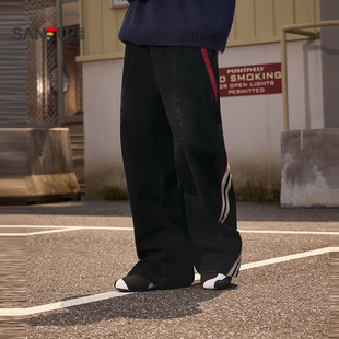 三人行×三福2025冬季男杠条拼布牛仔裤潮时尚宽松直筒长裤511849