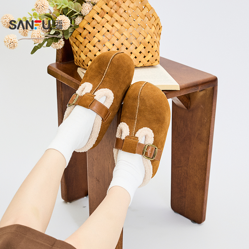 三福毛拖鞋女冬季童趣简约包头穆勒拖金属扣带休闲女鞋847655