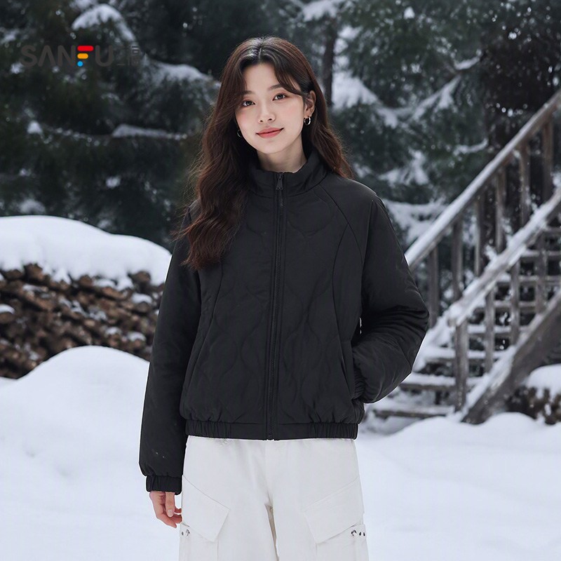 三福女棉衣2026秋季新款松紧袖口立领棉服宽松短夹克外套女装