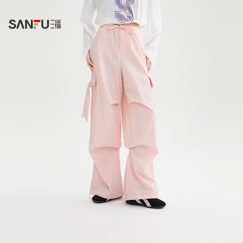 三福休闲裤2026春季蝴蝶结绑带口袋抽绳裤脚工装裤女装520398,女装/女士精品,休闲裤,淘宝优惠券,粉丝福利购,淘宝优惠卷