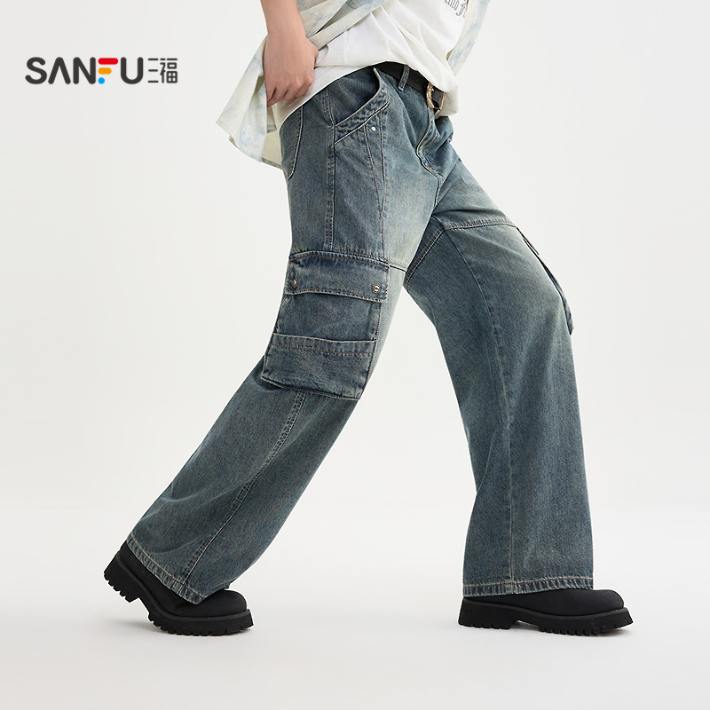 三福2025秋冬新款牛仔裤男大口袋工装大直筒阔版长裤裤子506188