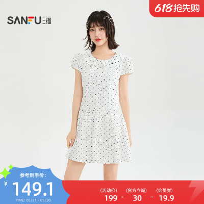 三福连衣裙2026夏季翻领宽松收腰散摆波点裙子女装523044