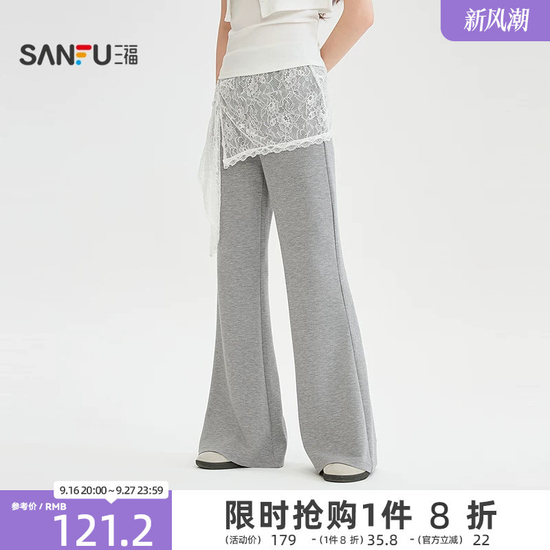 三福休闲裤2026夏季蕾丝荷叶边屁帘松紧腰喇叭长裤女装526584图片