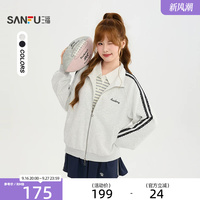 三福单外套2026秋季撞色杠条插肩袖刺绣开衫上衣女装530182