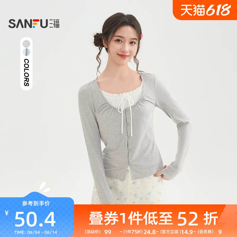 三福长袖T恤女2026新款春季小个子绑带假两件短款上衣女装517366