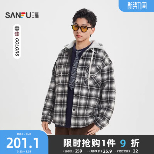 美式 三福2026春季 男长袖 格子英文刺绣衬衫 可拆帽子衬衣516687 新款