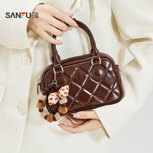 三福手提包冬季韩系菱格小香风波士顿包串珠时尚女包512713