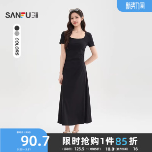大方得体方领褶皱收腰优雅长裙子女装 三福黑色连衣裙2026新款 夏季