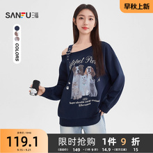 三福无帽卫衣女2025新款秋季小狗印花宽松蓝色斜肩上衣女装507438