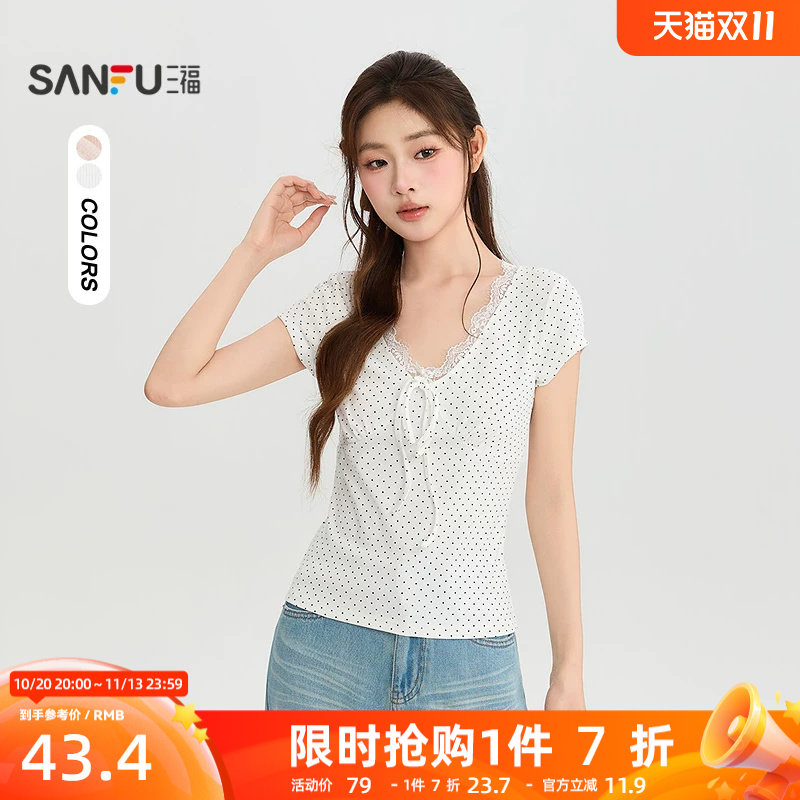 三福短T恤2026夏季蕾丝V领绑带短款时尚休闲上衣女装527299