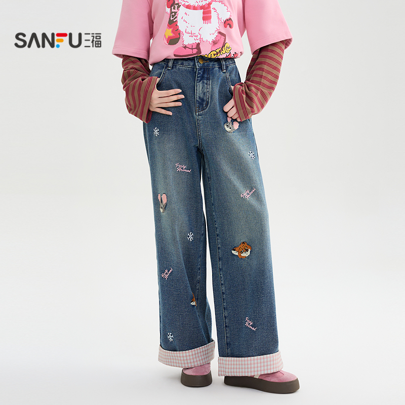 【疯狂动物城联名】三福牛仔长裤2025冬季刺绣裤子女装512298