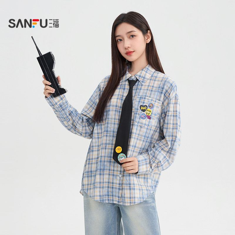 三福长袖衬衫2025新款秋季学院风印花简约翻领格子上衣女装507224,女装/女士精品,衬衫,淘宝优惠券,粉丝福利购,淘宝优惠卷