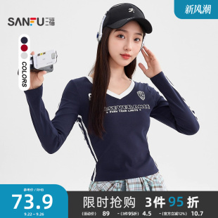 美式 三福長袖 T恤2025新款 秋季 507796 英文印花撞色V領杠條上衣女裝