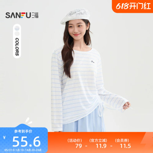 三福长袖T恤女2026新款夏季侧边抽绳刺绣圆领宽松上衣女装518525