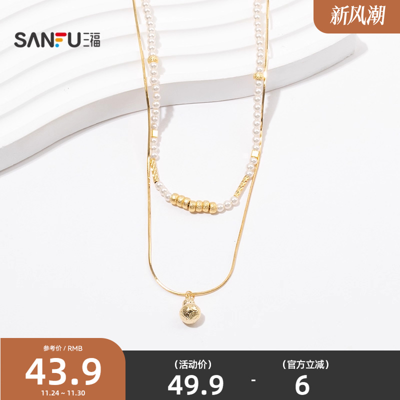 三福新中式珍金溢满短项链单条 优雅复古气质首饰配饰链条849248