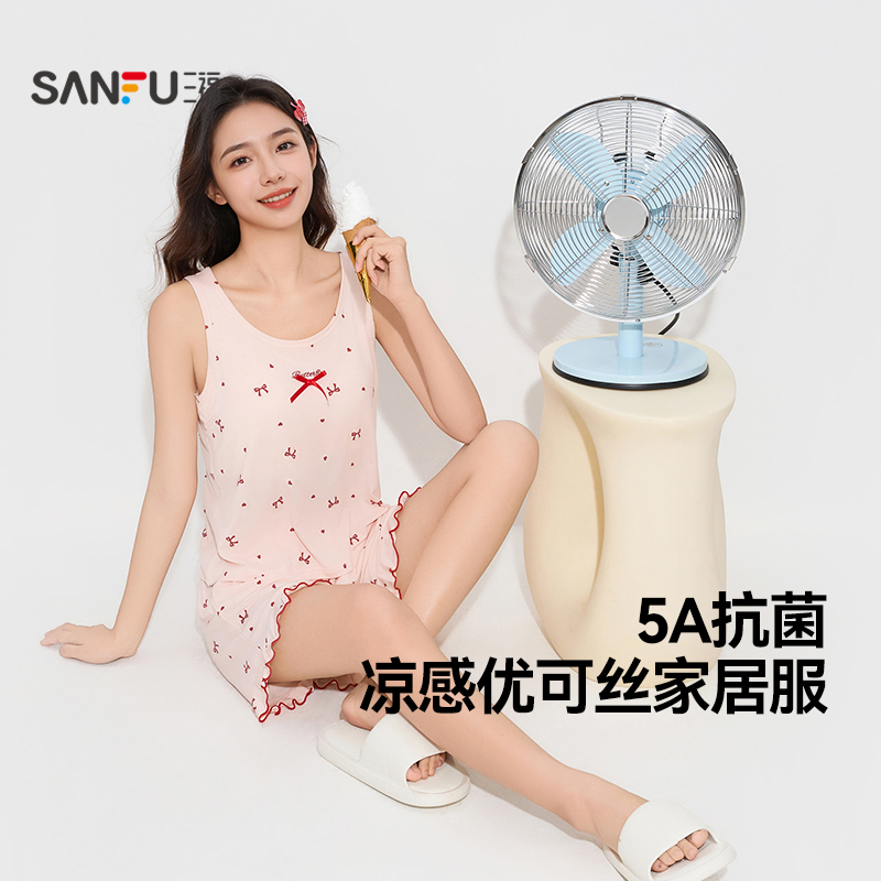 三福女夏季凉感带杯背心睡衣套装甜美可爱蝴蝶结优可丝抗菌家居服