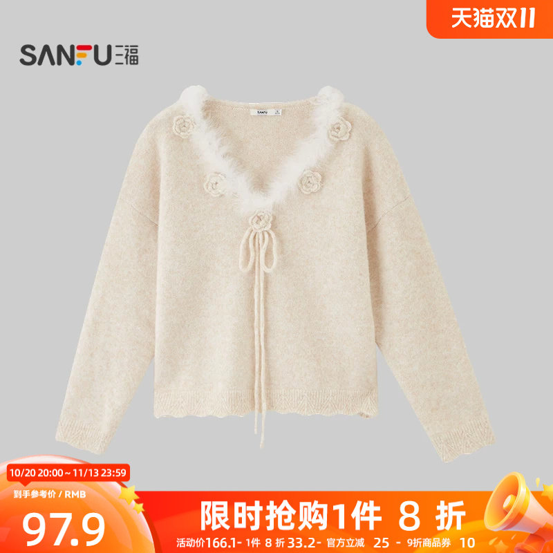 三福女毛衫2026秋季新款休闲风蝴蝶结绑结玫瑰花毛织圆领上衣女装