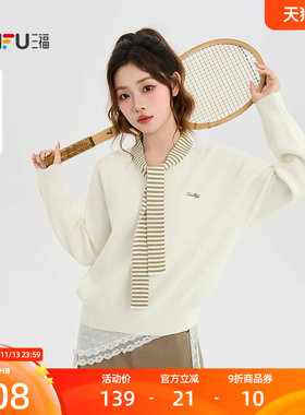 三福毛衫2026秋季条纹绑带圆领条纹领巾宽松上衣女装531196