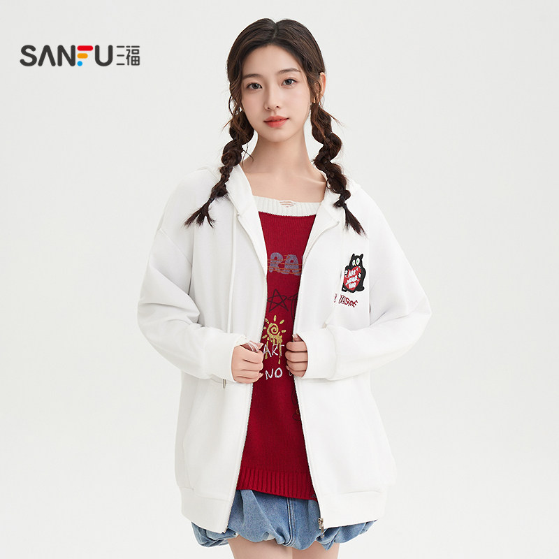 三福卫衣外套2025新款秋季魔术贴图案口袋连帽开衫上衣女装508070