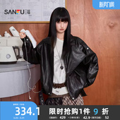 饰摆翻领黑色PU皮夹克女装 皮扣装 515155 春季 三福皮衣外套2026新款