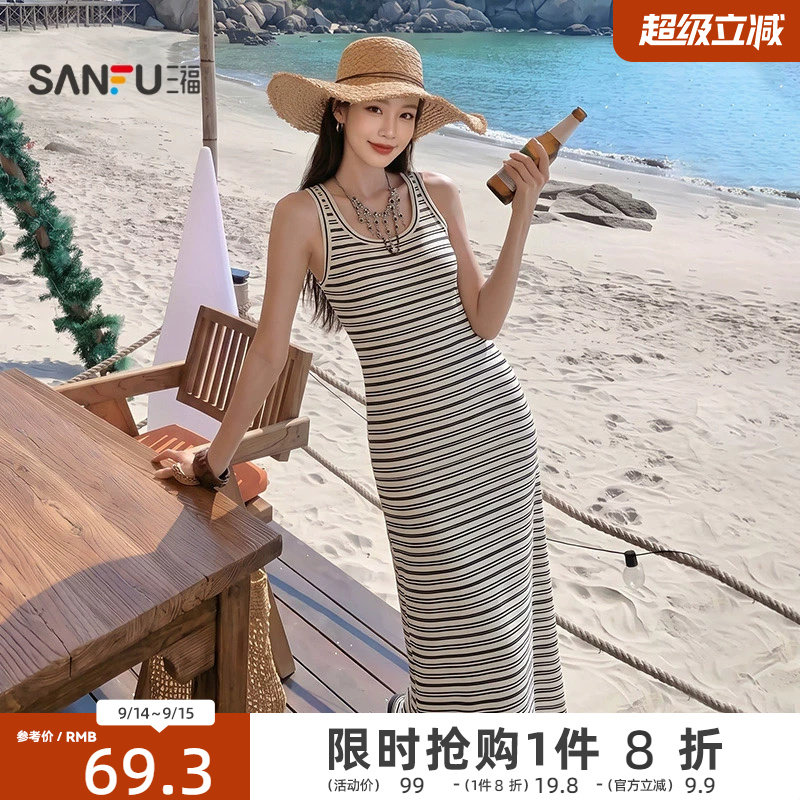 三福连衣裙2026新款夏季宽肩带背心裙休闲收腰无袖裙子女装514419图片