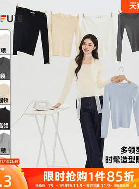 三福女毛衫2026秋季新款时尚圆领毛衣修身休闲打底简约上衣女装