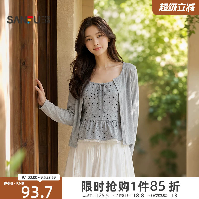三福女长T恤2026秋季新款圆领绑带领口蕾丝下摆吊带开衫上衣女装图片