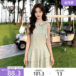 三福女装连衣裙2026夏季新款不规则下摆蝴蝶结绑带领口裙子女装