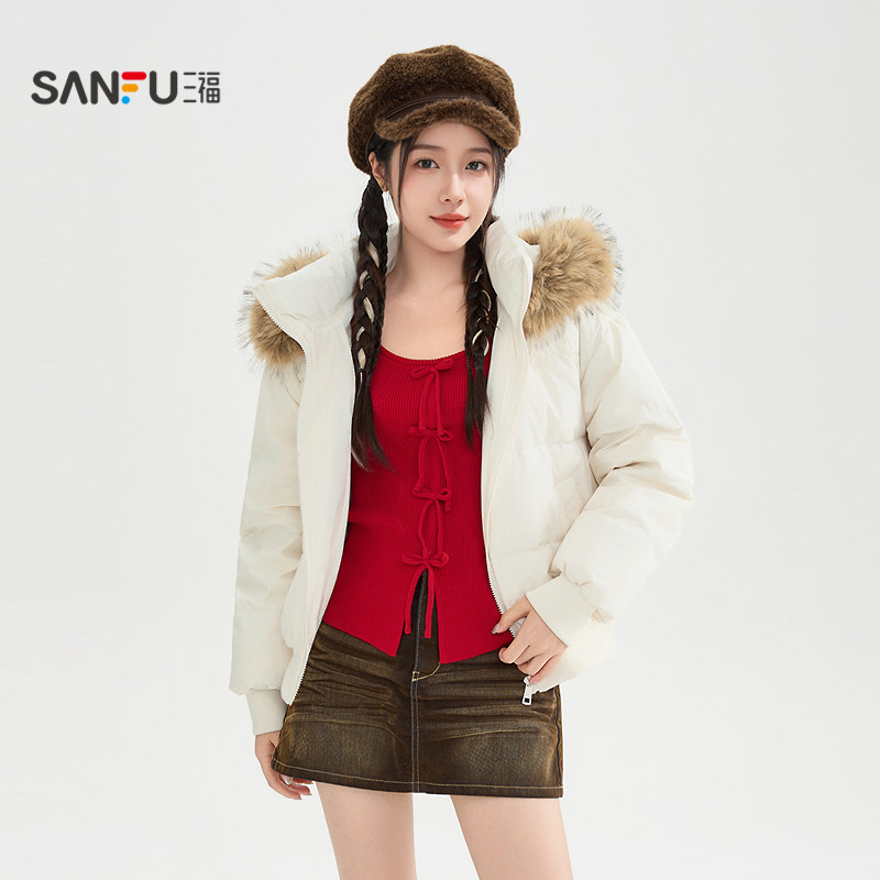 三福羽绒服2025新款冬季韩系可拆毛领宽松保暖加厚外套女装851255