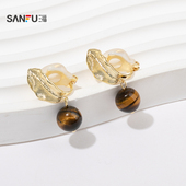 三福都市琥珀色林叶耳夹一对 时尚 小众气质首饰配饰耳环847324