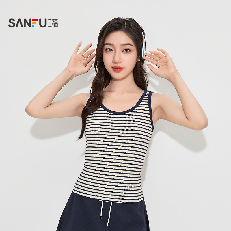 三福女秋季条纹宽肩U领背心 时尚休闲修身透气吊带上衣504859