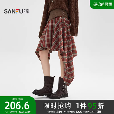 三福格子短裙2025新款冬季复古超好看的不规则摆半身裙女装513692