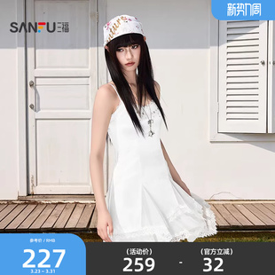 三福连衣裙2026夏季 521093 网纱蕾丝拼接不规则摆收腰裙子女装