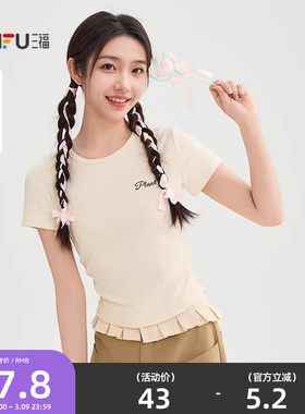 三福短袖T恤2026新款夏季小个子褶皱收腰圆领短款上衣女装505890