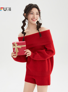 三福红色套装2025新款冬季小个子一字肩毛衣短裤两件套女装513374