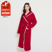 趣味宽松连帽半边绒家居服514826 睡袍 三福女春季 撞色即边长袖