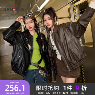 三福皮衣夹克2026新款春季时尚复古宽松翻领黑色外套女装846474