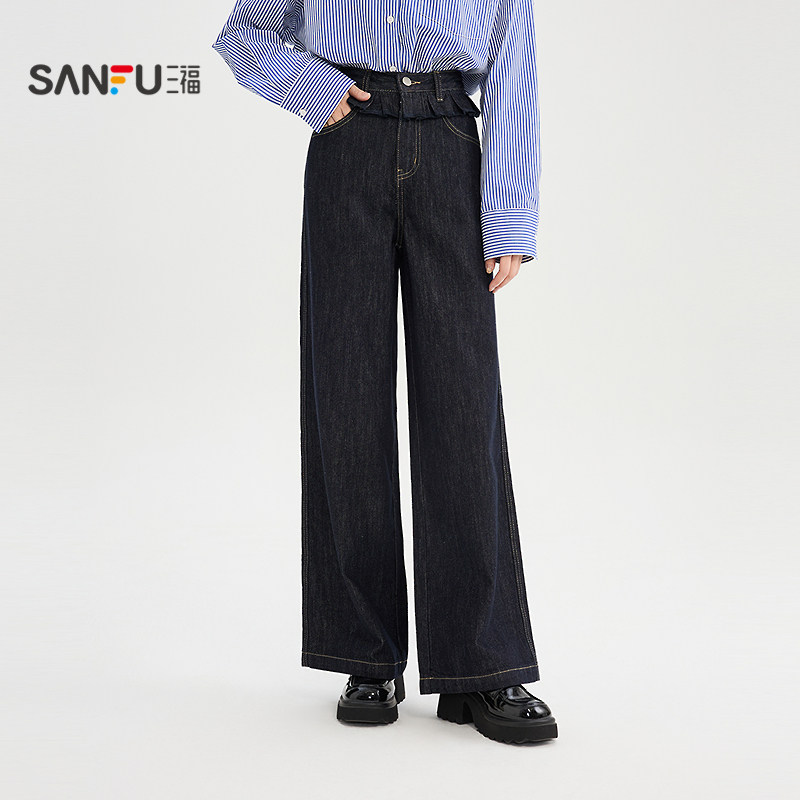 三福牛仔裤2025新款秋季时尚美式复古宽松直筒阔腿裤子女装504858