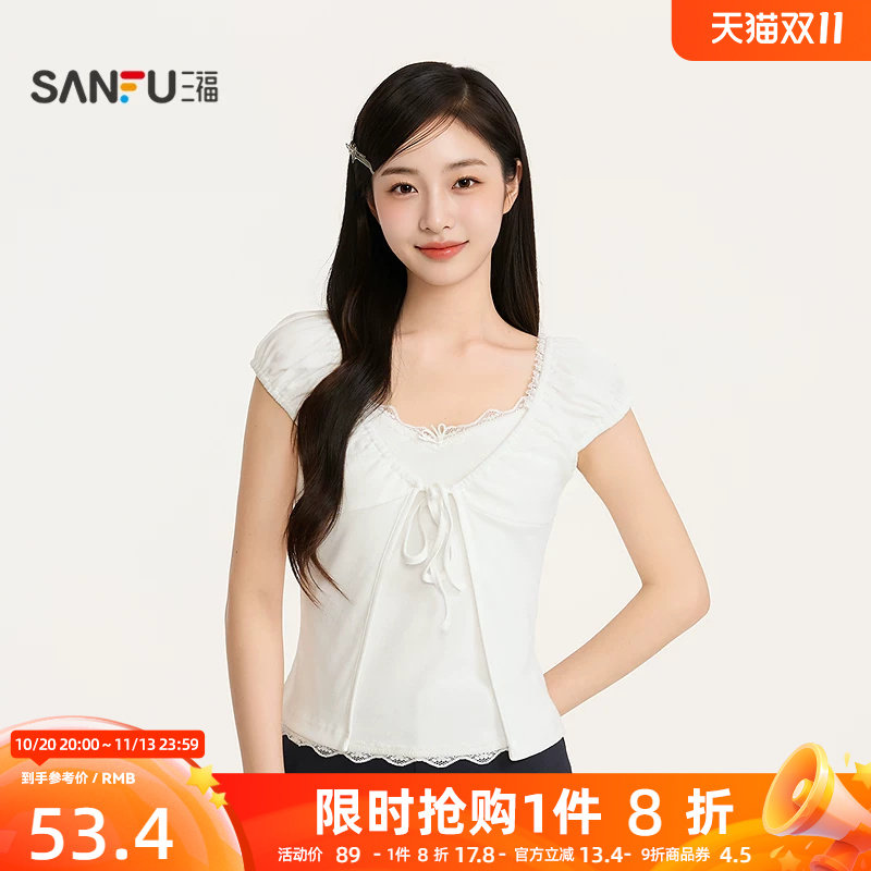 三福女秋季绑带短袖开衫单衣 甜美简约时尚舒适气质上衣528746