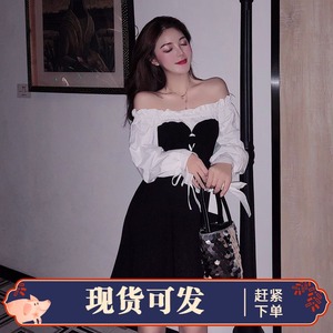 大码女装气质一字肩木耳边蝴蝶结泡泡袖抽绳系带洋气中长款连衣裙