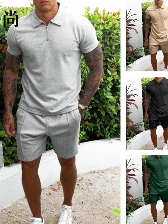 Summer cross-border explosive European and American Amazon men's casual short-sleeved slim shorts sportswear handsome men's two-piece set