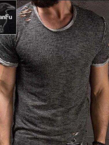 2025 summer new men's short sleeve t-shirt personality american distressed ripped crew neck t-shirt slim plus size men's