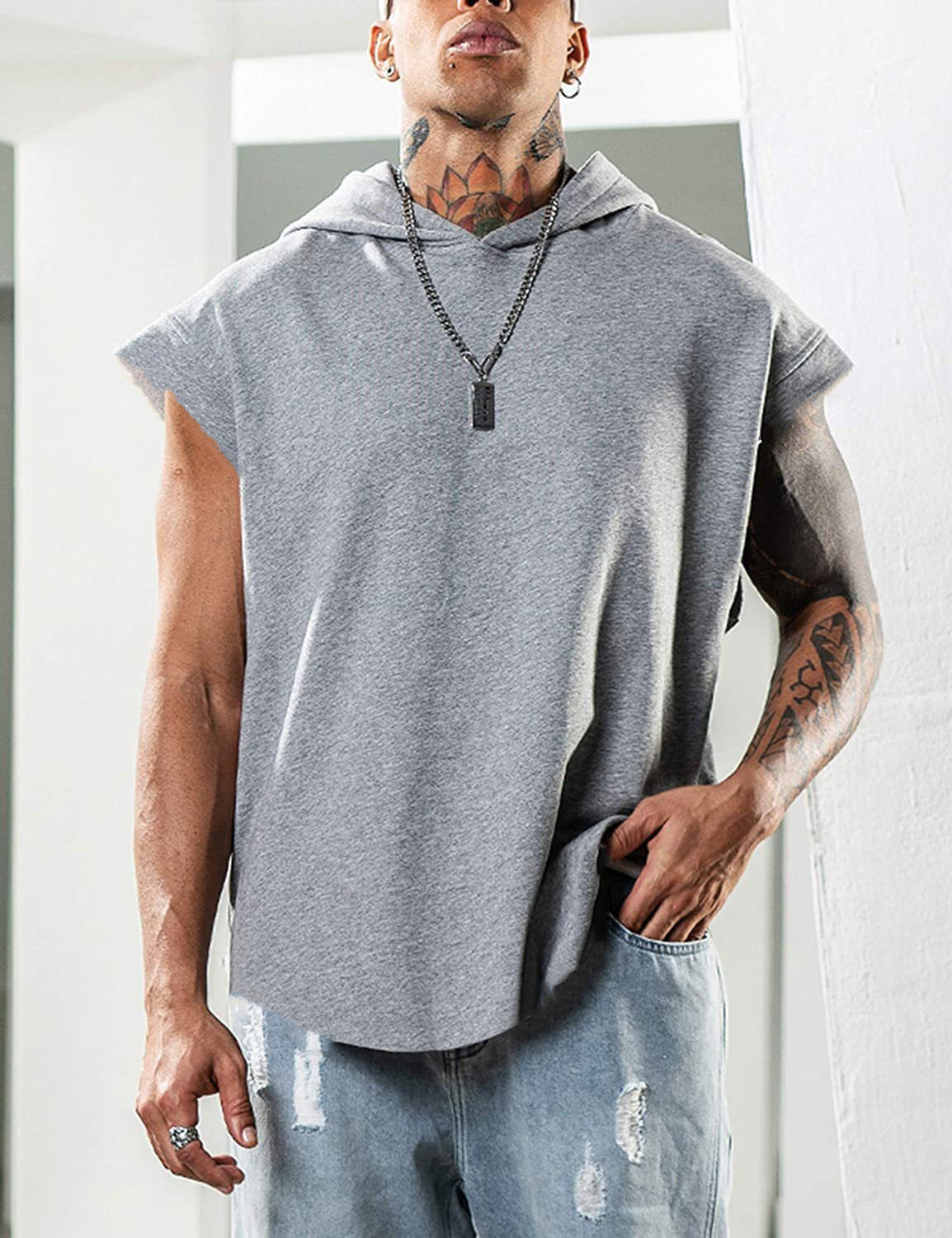 外贸男装2025夏季男印花连帽运动无袖马甲大码宽松T恤Men T-Shirt