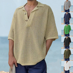 2024夏季 欧美男士 T恤Men 短袖 翻领镂空针织衫 宽松大码 Shirt 新款