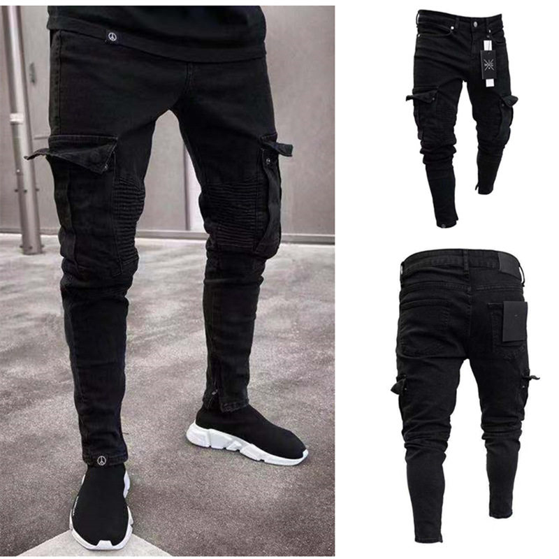 欧美外贸弹力男士休闲牛仔裤潮流膝盖破洞拉链小脚长裤men jeans