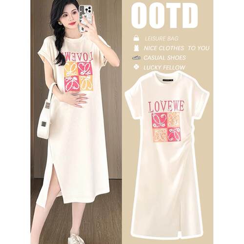 孕妇连衣裙夏季2025新款杏色休闲时尚显瘦钉珠印花薄款短袖中长款